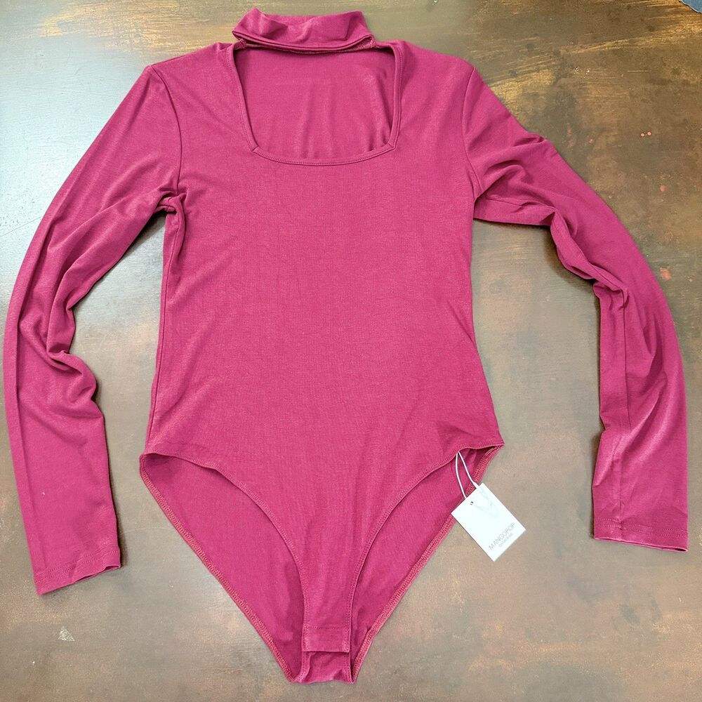 MANGOPOP Keyhole Choker Neck Bodysuit Women M Maroon Solid Basic Elegant Fall